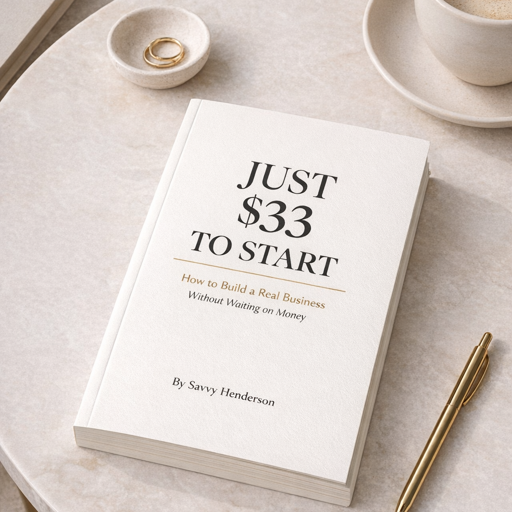 Book titled 'Just $33 to Start' on a table with a pen and coffee cup.